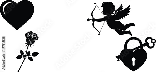 Romantic love silhouette, heart, rose, couple kiss, cupid, padlock, Valentine’s Day icon set, black vector, passion, affection, romance