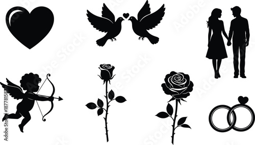 Love silhouette icons, heart, doves, couple, roses, wedding rings, cupid, Valentine’s Day vector, romantic symbols, passion, affection, unity