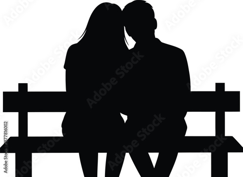 Valentine's day silhouette of loving couple on bench isolated on transparent background
