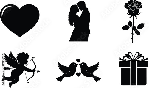 Love silhouette icons, heart, couple kiss, rose, birds, cupid, gift box, Valentine’s Day vector, romantic symbols, passion, affection