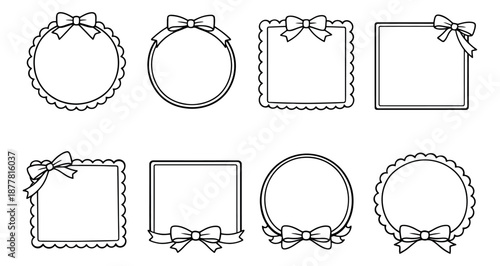 Hand drawn line art frames and borders set featuring various scalloped and plain shapes with decorative bows for greeting cards and invitations