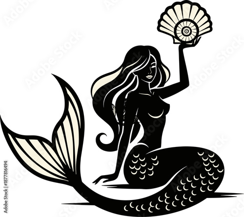 Mermaid silhouette holding seashell with pearl, mythical sea siren sitting with flowing hair and scales, nautical black vector craft icon