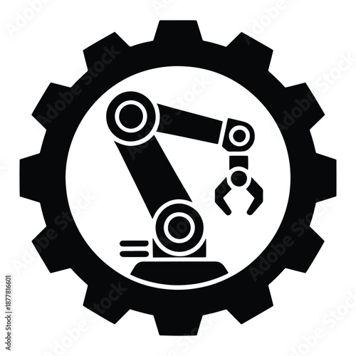 Monochrome icon featuring a robotic arm within a gear, symbolizing industrial automation, manufacturing processes, and advanced technology.
