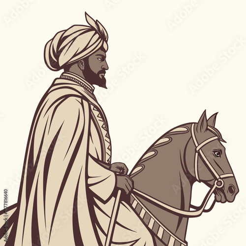Historic royal rider with turban and robe on horse 1