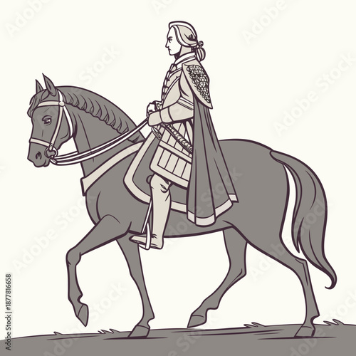 Royal historical figure riding horse calmly in medieval attire 1