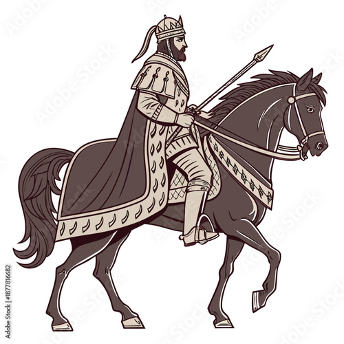 Traditional king on horseback with spear and ornate attire 1