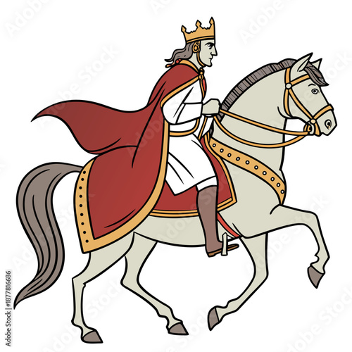 Royal king riding white horse with red cape and gold crown 1
