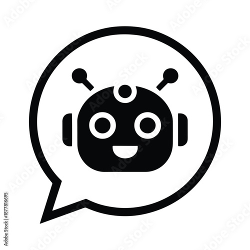 Cute robot head with antennae in a speech bubble, symbolizing AI chatbot and digital communication.