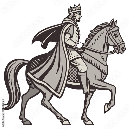 Medieval king riding horse in royal attire crown