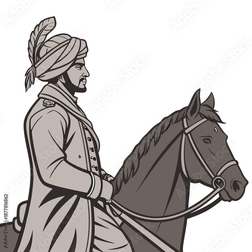 Historical ruler wearing turban on horseback in grayscale 1