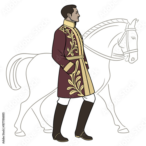 Royal rider wearing embroidered coat standing beside horse