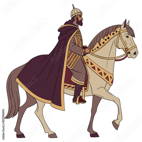 Ancient ruler on horseback wearing royal garments and helmet 1