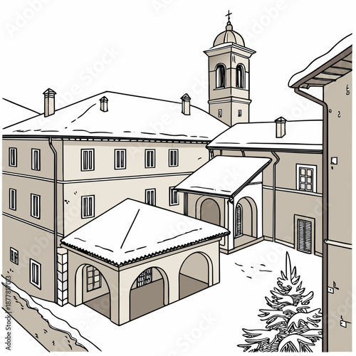 Snow covered village rooftops and courtyards with church tower 1