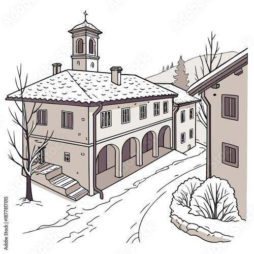 Snow covered village rooftops and courtyards with bell tower 1