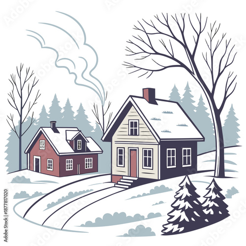 Winter countryside homes in snowy environment with trees 2