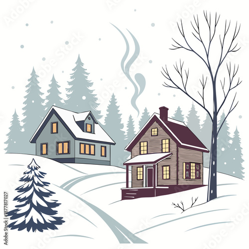 Winter countryside homes in snowy environment with trees 3