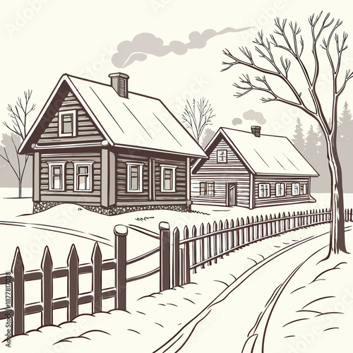 Snowy village with wooden houses and picket fence winter scene 1