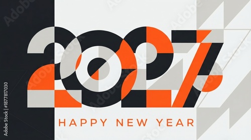 幾何学模様のハッピーニューイヤー2027グラフィック | 抽象的なモザイク模様の2027年祝賀ポスター | モダンでカラフルな2027年のタイポグラフィ背景