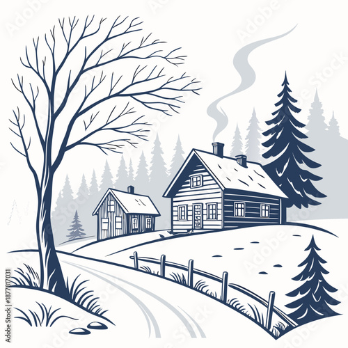 Winter village landscape with snow covered houses and trees