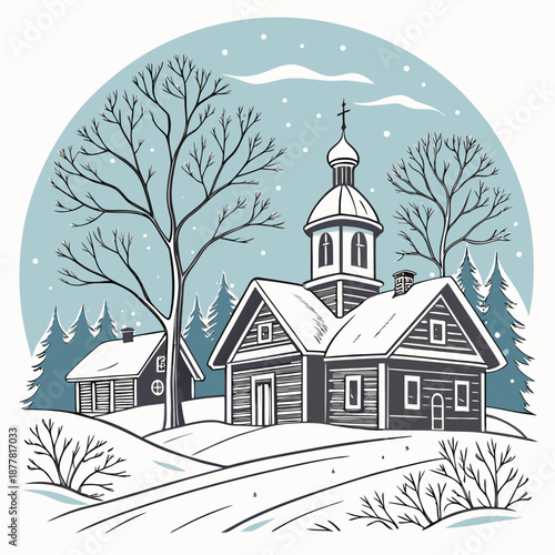 Winter village cluster with snow heavy roofs and church tower 1