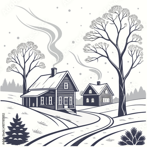 Frozen countryside houses with smoke rising from chimneys