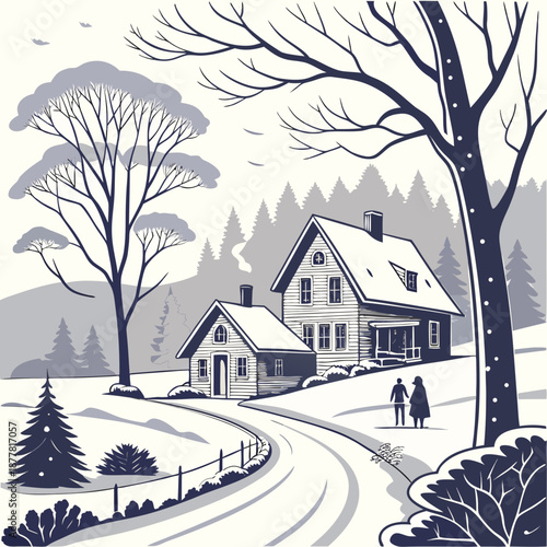 Frozen countryside house with snow covered trees and road