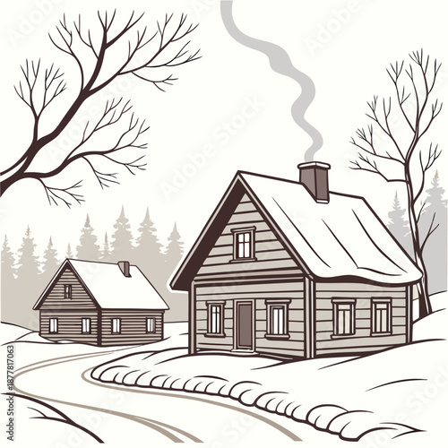 Snow covered rural homes with smoke from chimney houses 1