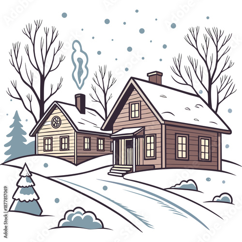 Snow covered houses with trees and road winter