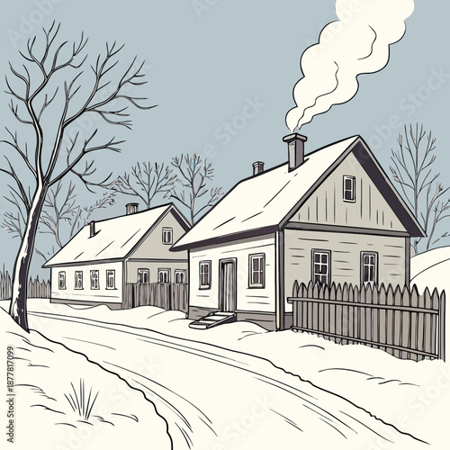 Snow covered houses with smoking chimney and wooden fence 1