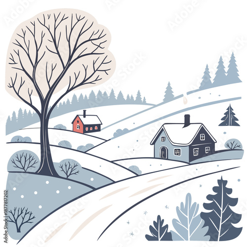 Winter countryside neighborhood covered in snow rolling hills 1