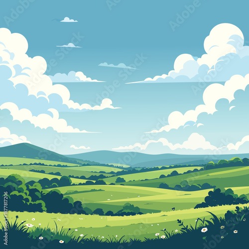 A serene landscape of rolling hills and lush greenery under a partly cloudy sky viewed from a high vantage point.