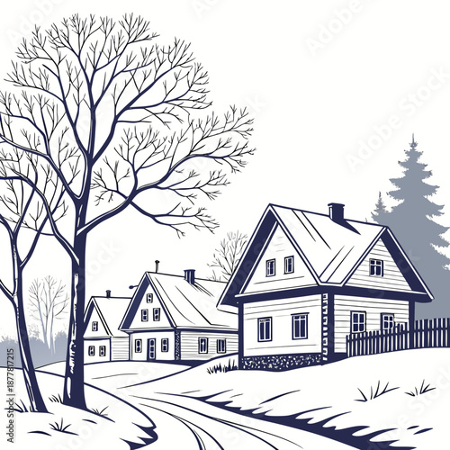 Winter houses with snow covered roofs and bare trees