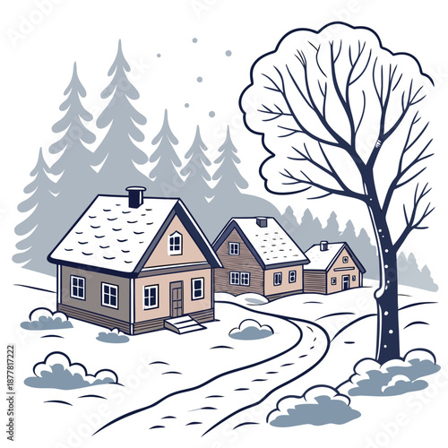 Winter village with compact houses and snow tree