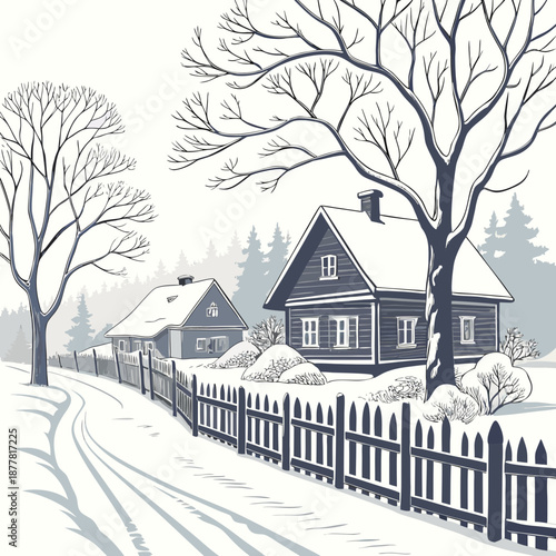 Snow covered houses and fences in a winter village scene