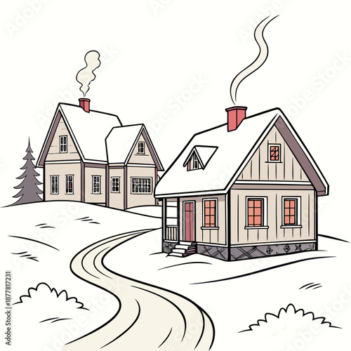 Snow covered houses with smoke from chimneys on white background 1