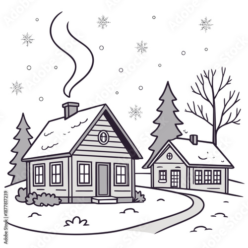 Snow covered houses and trees on white background with snowflakes 1