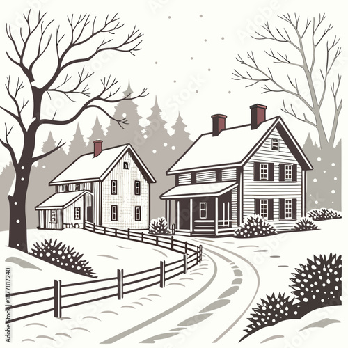 Snowy rural homes with wooden fence and trees winter