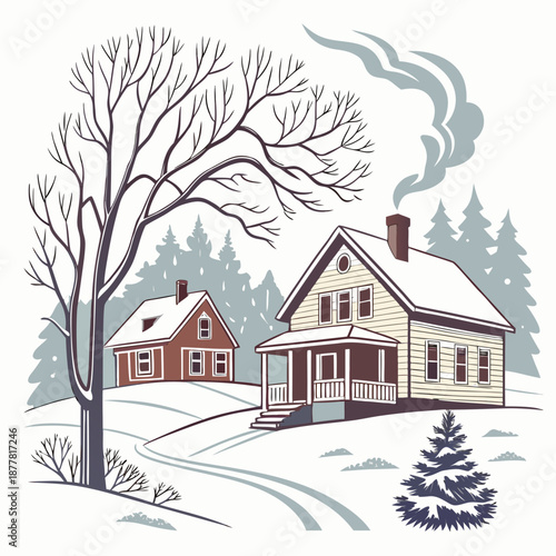 Snow covered rural homes with smoke from chimney winter
