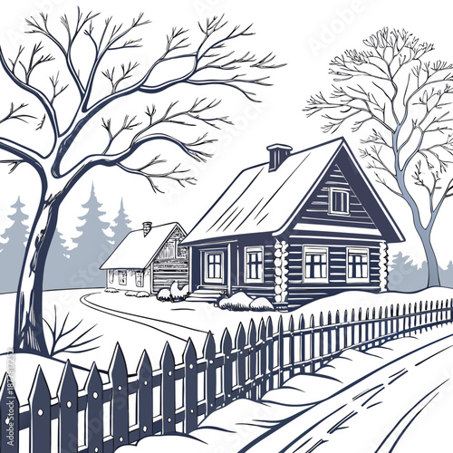 Snow covered house and fence in winter village scene 1