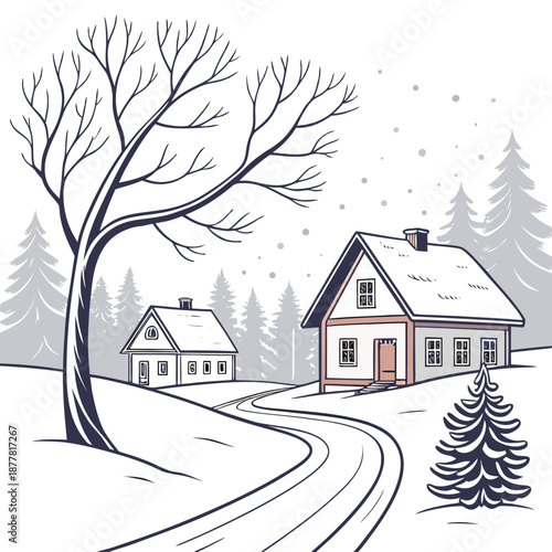 Snowy village scene with small houses and trees winter 1