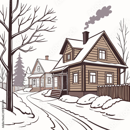 Winter residential village with wooden homes and snow 5