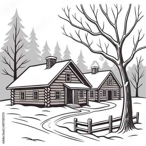 Snow covered log cabins with tree and fence in winter landscape 1