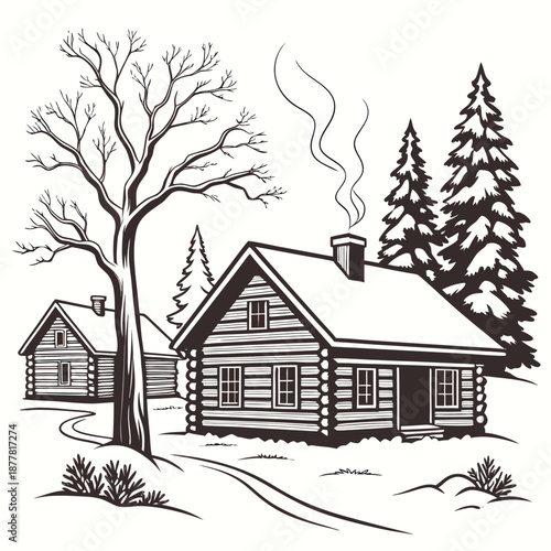 Snow covered log cabins and trees in rural winter scene