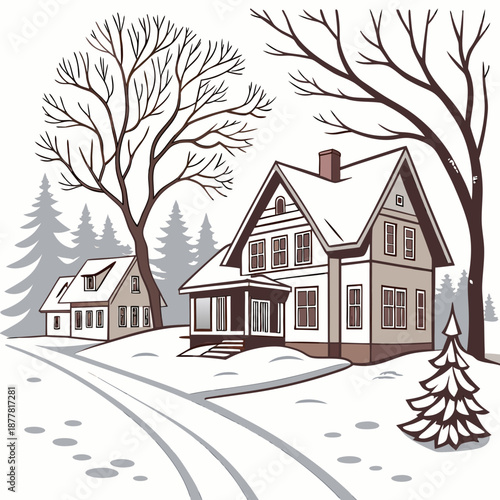 Winter village architecture with snow covered houses and trees 1