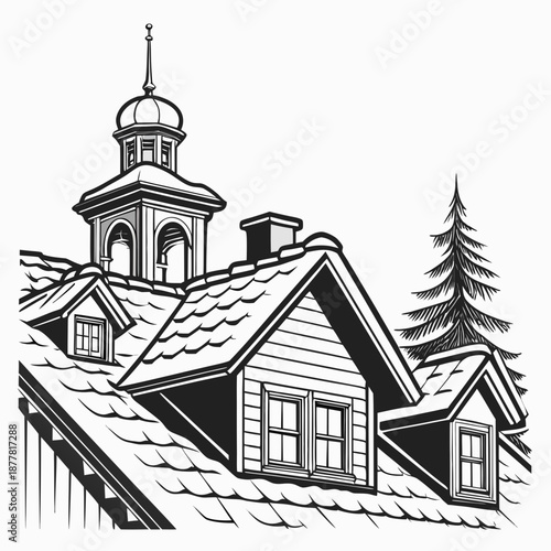 Black and white of village rooftops with heavy snowfall 1