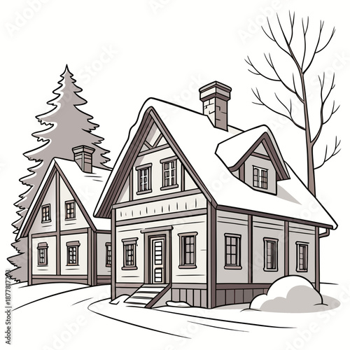 Winter village architecture with snow covered houses and trees 2