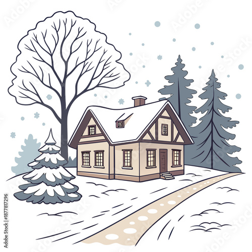 Snow covered house with trees and pathway winter