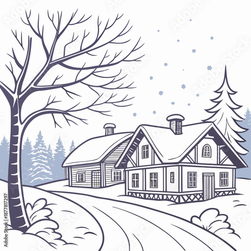 Snow covered house with pathway and trees winter