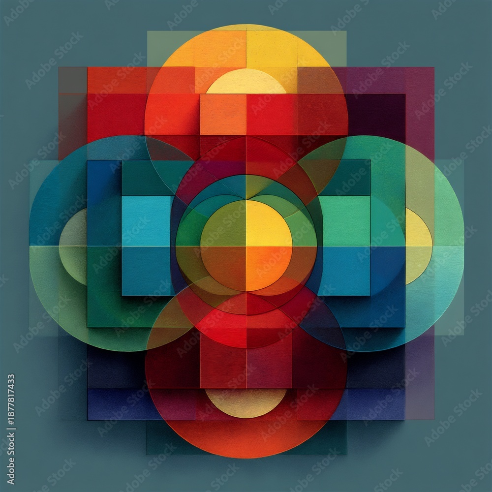 Obraz premium A complex geometric abstract pattern featuring overlapping circles and squares.