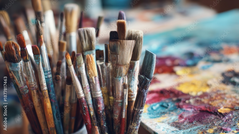Fototapeta premium Education training class. Knowledge learning improvement study. A closeup shot of a collection of paintbrushes in a vase on a table, with a blurred background suggesting an art studio.